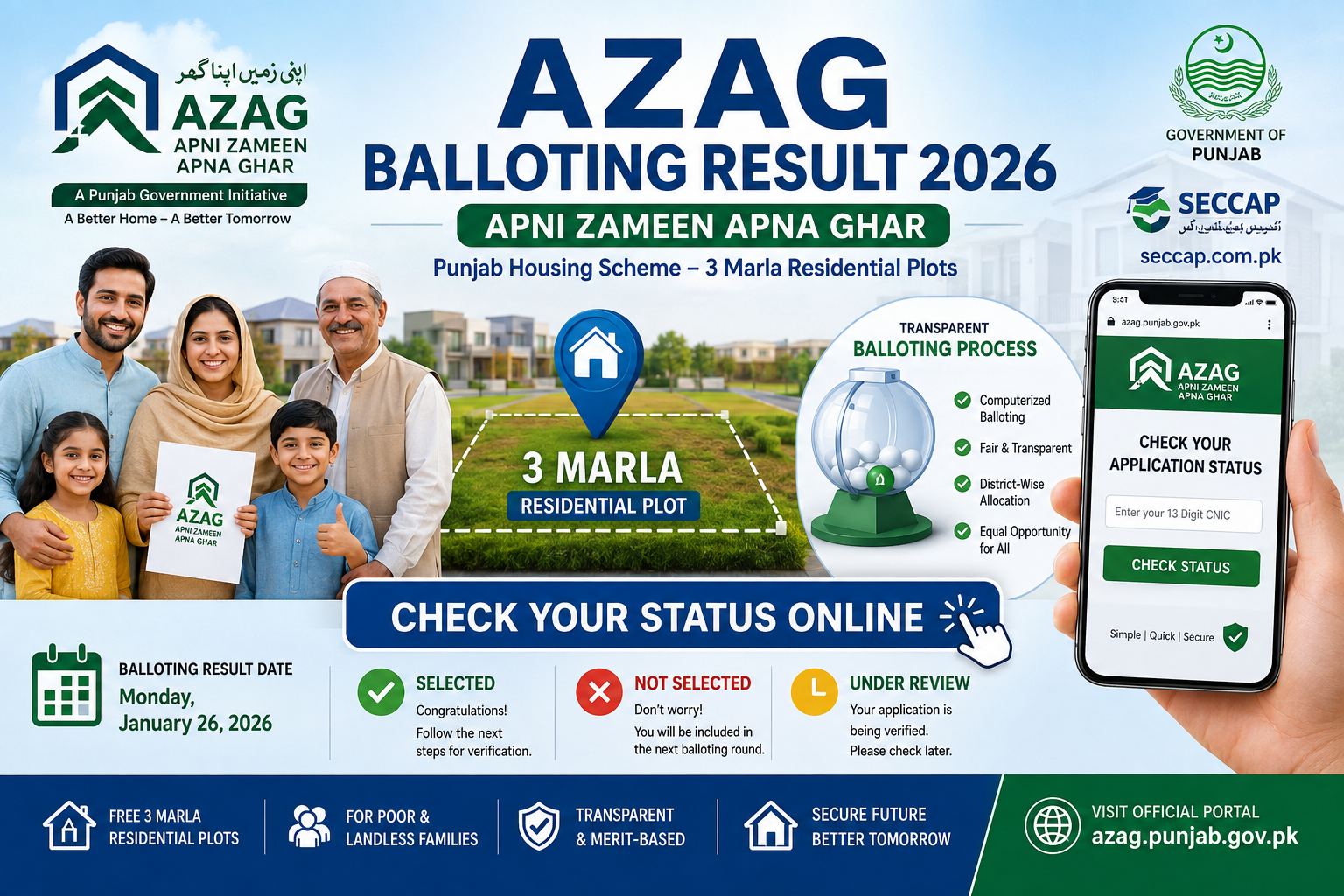 Go to azag.punjab.gov.pk, this is the only official website for checking your AZAG balloting result. Avoid third-party sites or agents that ask for payment to "check" or "confirm" your result.