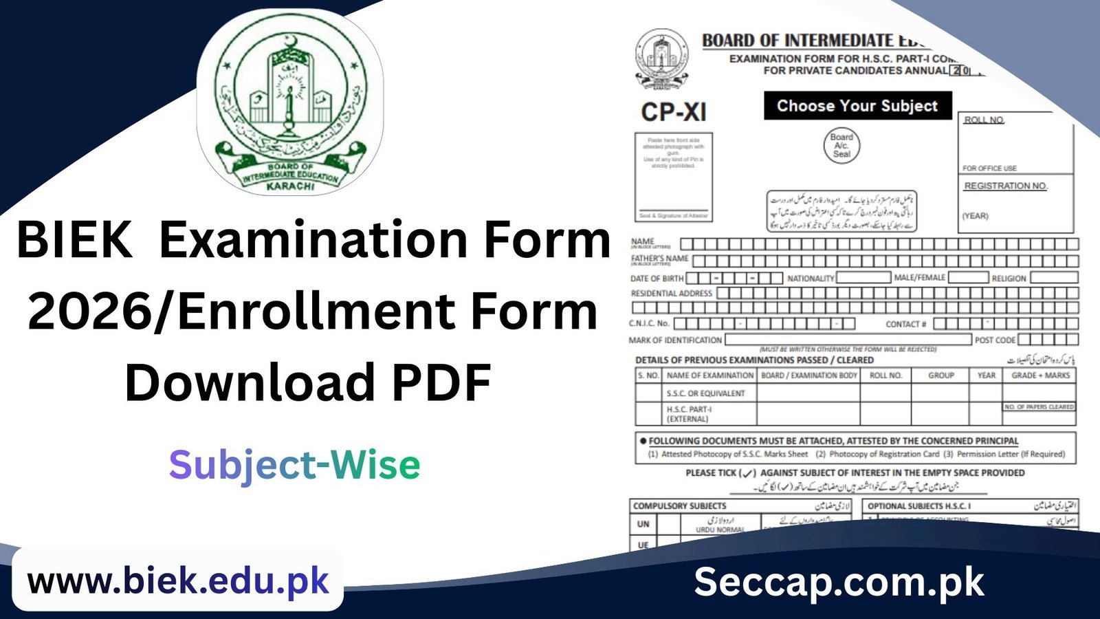 BIEK Online Examination Form 2026 Enrollment Form Subject-Wise