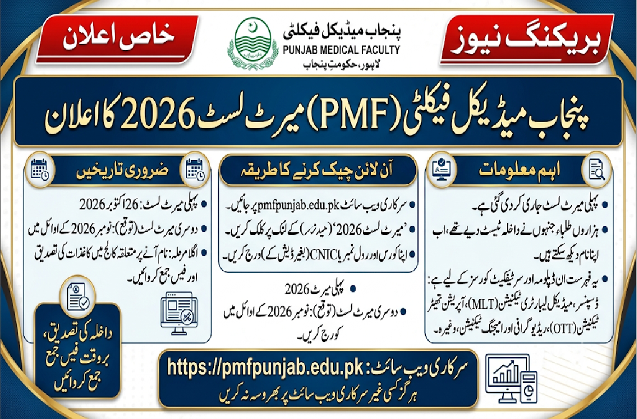 PMF Merit List 2026 (Punjab Medical Faculty) @pmflahore.com