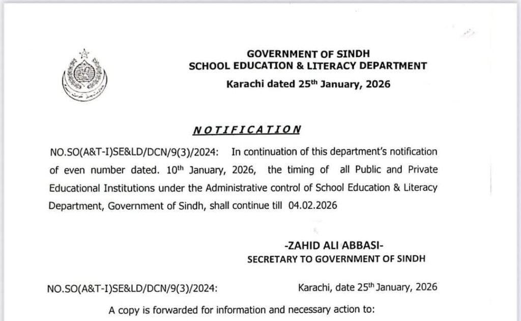 Sindh Schools Winter Timing 2026