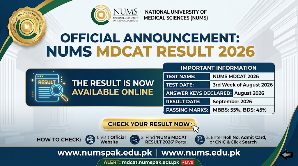 NUMS MDCAT Result 2026 Announced - Check By Roll Number
