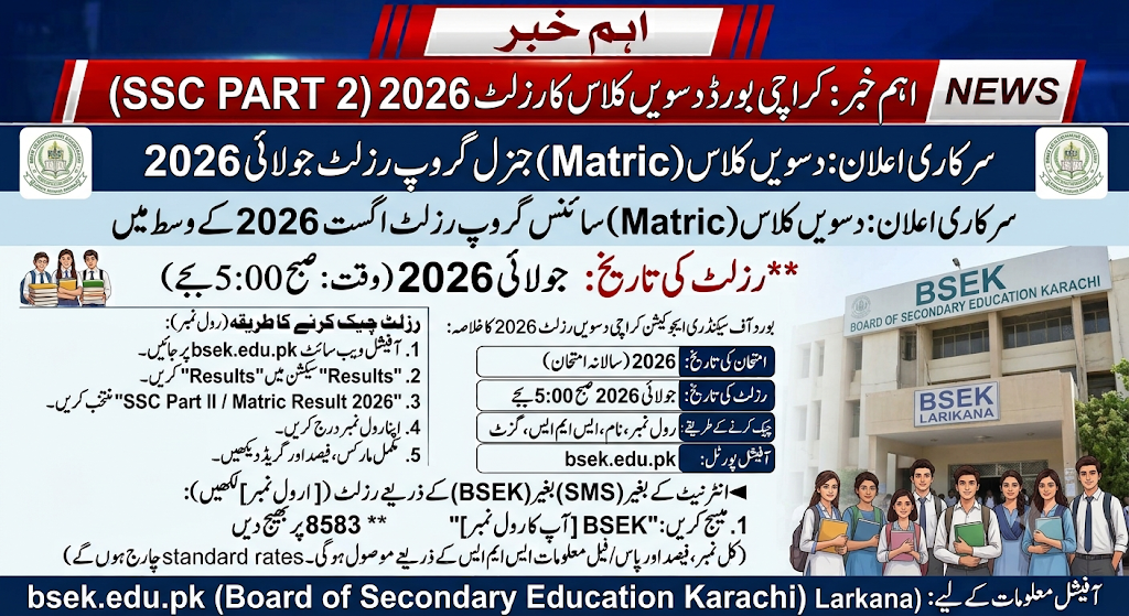 BSEK Karachi 10th Class Result 2026 Check by Roll Number