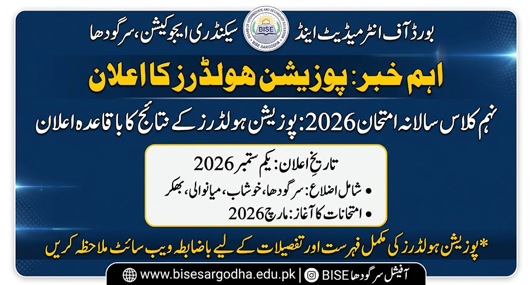 Sargodha Board 9th Class Position Holders 2026 Released